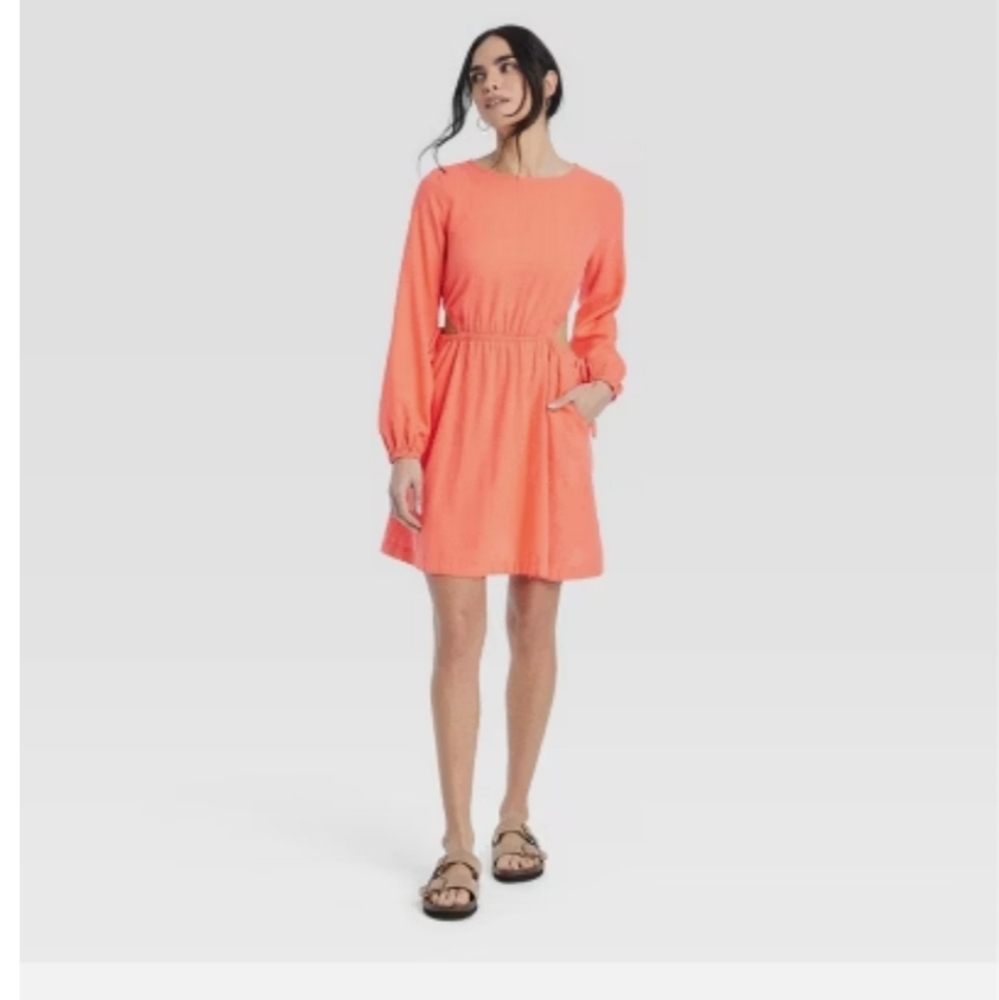 Women's Balloon Long Sleeve Mini A Line Dress Coral Medium - Picture 1 of 9